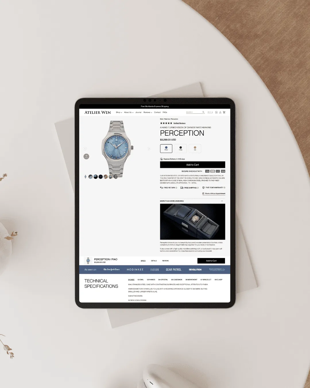 The product page leads with the watch, the price and one clear action, with the detail a scroll away.